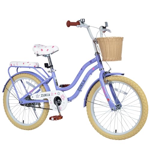 Multiple Colors 20 Inch Girls Bike with Basket, No Training Wheels, for 7-10 Years Old Kids, Carbon Steel Frame, Dual Brakes, White Leather Seat, Cute Basket (Purple)