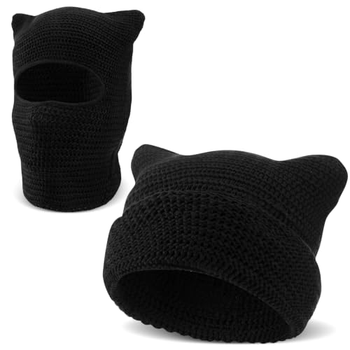 Cutecrop Crochet Cat Beanie for Women Grunge Clothes Y2k Accessories,Black