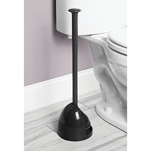 Image of mDesign Plastic Freestanding Hideaway Toilet Bowl Plunger with Holder Set - Plunger for Bathroom Storage and Cleaning Organization - Heavy Duty, Space Saving - Aura Collection - Black