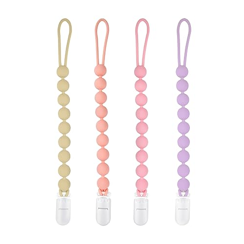 Silicone Pacifier Clip Holder, 4 Pack One Piece Soft Flexible Pacifier Holder Clip Binky Clips for Boys and Girls, Teething Relief, Baby Newborn Essentials, Birthday Christmas Shower Gift