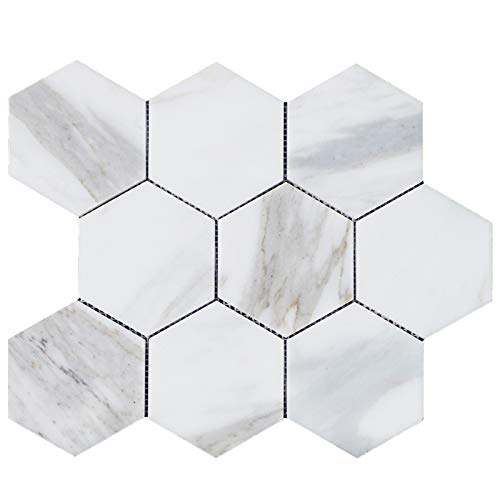 Buy Calacatta Gold Italian Marble 4" Hexagon Mosaic Tile Honed Jersey