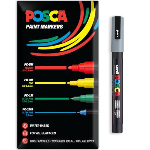 Posca Rotuladores de pintura acrílica a base de agua | Bolígrafo de pintura permanente multisuperficie | Paquete de 1 en embalaje de regalo | Vidrio, tela, lienzo, madera, etc. | PC-3M, gris