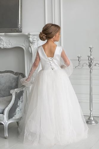 Flower Girl Dress for Wedding Puffy Tulle Pearls Satin First Communion Dress for Girls Maxi Birthday Party Ball Gown4