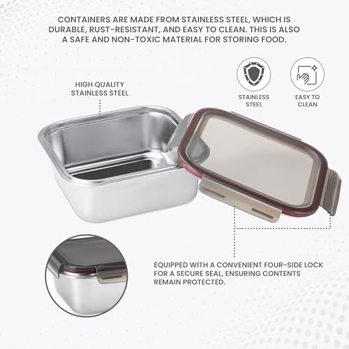 Image of MILTON Modulo Steel Square Container with lock lid, Set of 4 (400,800,1440 & 2400 ml)|Airtight & Leakproof|Microwave & Oven safe| Light Weight | School, Office or Picnic use, Silver