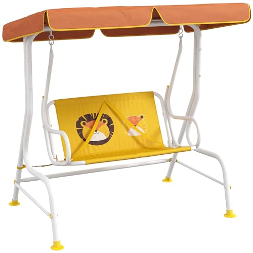 Outsunny Balancín de Jardín Exterior Columpio de Jardín Infantil de 2 Plazas con Patrón de León Toldo Ajustable en Ángulo Carga 60 kg 110x70x110 cm Amarillo