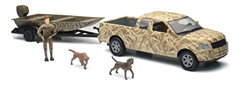 New Ray Camo Pick Up Truck with Jon Boat and Trailer