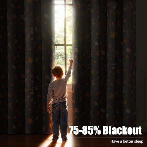 Image of Unicorn Planet Grey Room Darkening Curtains 96 Inch Length for Kids Bedroom