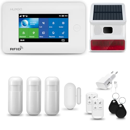 HUXGO® HXA006 Kit Alarma casa WiFi + gsm 4G con Sirena Solar inalámbrico| Alarma hogar Kit con 3X sensores PIR de Movimiento, 1x Sensor de Puerta/Ventana | Control Desde el teléfono