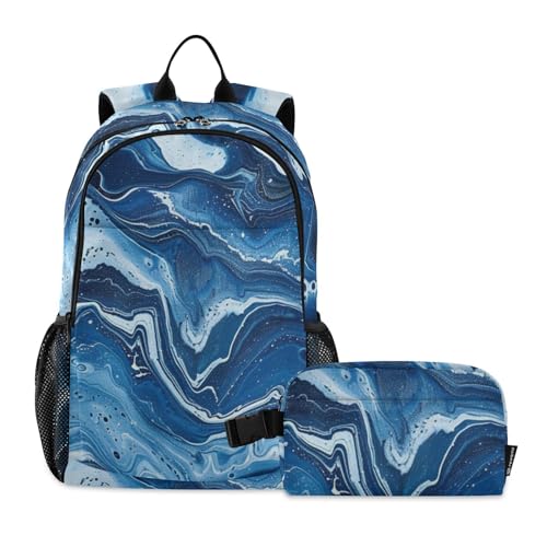 Ensemble sac à dos et sac à déjeuner imprimé marbre bleu résistant pour l'école des adolescents