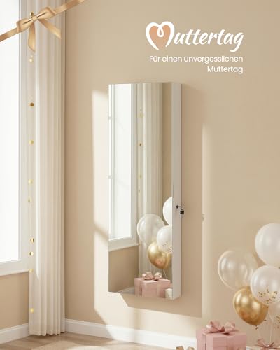 SONGMICS Schmuckschrank, Wandmontage, Organizer mit LED-Lichtern, Aufbewahrungsschrank, mit rahmenlosem Spiegel, integrierter Schminkspiegel, 2 Schubladen, abschließbar, Weiß JJC013W01