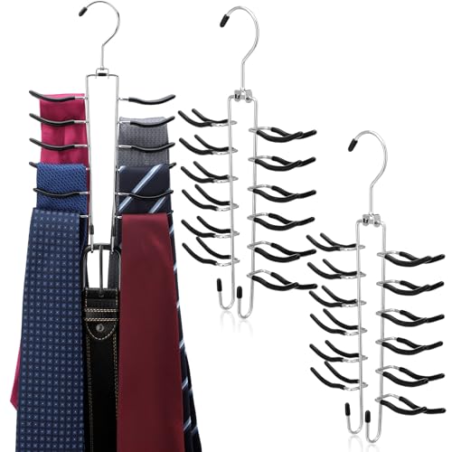 Kathfly 3 Pcs Swivel Tie and Belt Hanger for Closet with 26 Metal Hooks, Necktie Organizer for Men, Large Capacity Tie and Belt Chrome Hanger, 360 Degree Swivel Space Saving Organizer, Black by Kathfly - Used condition - US$11.01