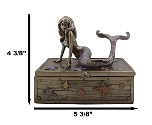 Ebros Gift Bronzed Resin Damsel Mermaid Ariel Resting On Starfish Corals Treasure Chest Decorative Jewelry Box Figurine 5"L Coastal Reef Marine Decoration Trinket #TOP2