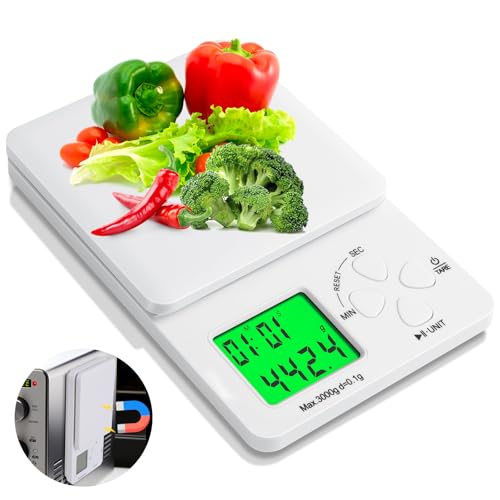 AiQInu Bascula Cocina con Temporizador, 3kg/0.1g Digital Balanza de Café de Alta Precisión, Magnética Balanza con Pantalla LED, Multifuncional Báscula de Alimentos