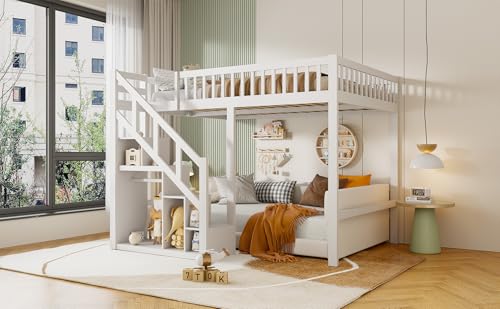 Kinderbett Etagenbett 140x200, Hochbett 140 x 200 mit Treppe, Staurau, Gitter und Rausfallschutz, Hochbett für 2 Kinder, Jugendhochbett mit Lattenrost, Kiefer, Ohne Matratze (Weiß A01, 140x200)