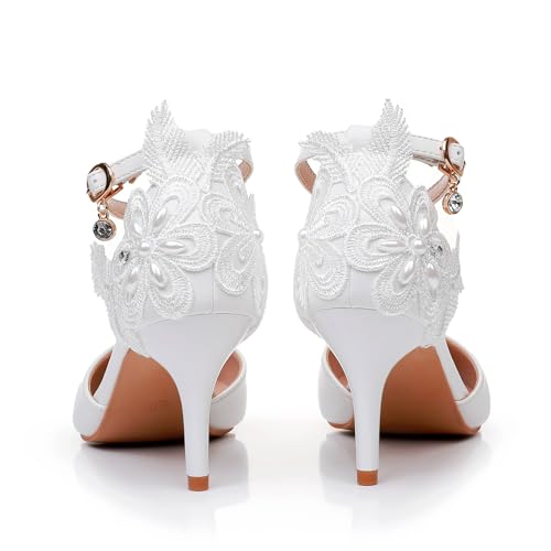 Crystal Queen Women's High Heel Pumps Pointed Closed Toe Sandals White Lace Pearls Strap Stiletto Heels Bridal Wedding Party Shoes-PLX07HLYLSR-40 by Crystal Queen - Used condition - Image 5