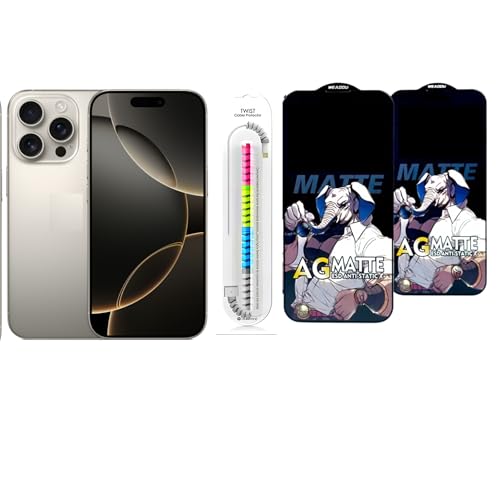 Image of Edge To Edge Matte Tempered Glass Screen Protector Compatible With iPhone 16 Pro, 9H Hardness, Anti-Fingerprint, FHD Clear With Cable Protector Pack 2