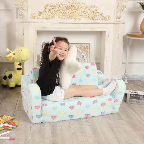 MOMCAYWEX Toddler Couch, 2-in-1 Kids Soft Couch Fold Out with Star Pillow, Foldable Sofa to Lounger, Large, Colorful Heart by MOMCAYWEX - Image 4