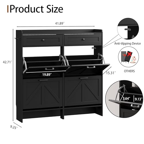 Image of Shoe Cabinet with 4 Flip Drawers & 2 Top Drawers, 43 inch Tall Freestanding Narrow Wooden Shoe Storage Organizer for Entryway, Hidden Slim Shoe Rack for Front Door Entrance, Hallway, Living Room, Black