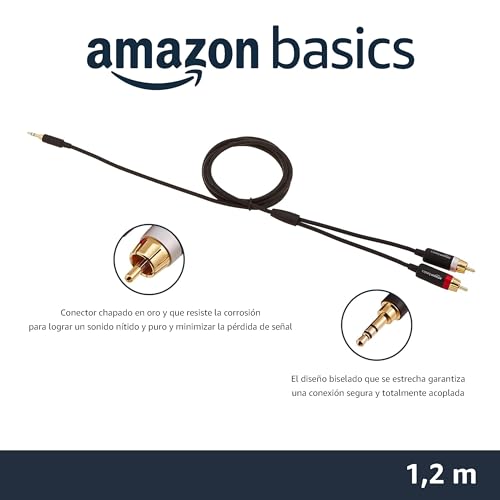 Miniatura 2 de Amazon Basics Cable De Audio Y Adaptador, De 3,5 Auxiliar A 2 Rca, Para Amplificadores, Altavoces Activos Con Conectores Chapados En Oro, 1.2 M, Negro