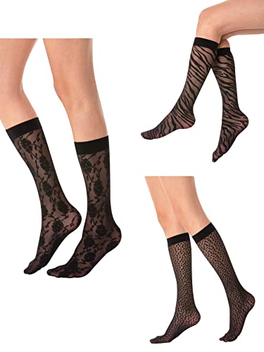 Gi&Gi Calcetines largos gambaletti mujer velados moda fantasía flores cebra leopardo Made in Italy n.1668, Negro , Talla única Cover