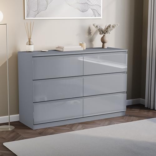 Vida Designs Glinton High Gloss Chest of Drawer, 100% FSC Certified Chest of Drawers for Clothes - Closet Organizers and Storage Cabinet for Hallway, Entryway (Grey, 6 Drawer)
