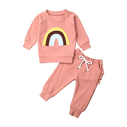 Infant Toddler Baby Girl Spring Winter Clothes Rainbow Pullover Sweatshirt Tops+Ruffle Drawstring Sweat Pants Outfits Set (Pink & Rainbow,18-24 Months)
