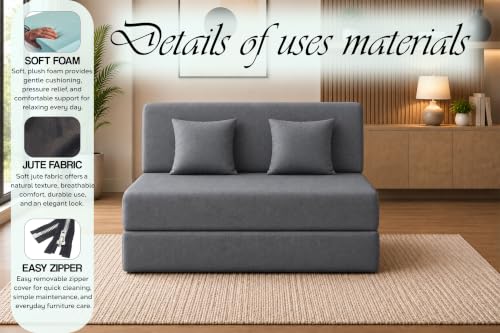 Image of Sofa Cum Bed with Jute Fabric, Convertible Two Seater Sofa Bed 4x6 Ft, Comfortable Cushioned Seating, Space Saving Design for Living Room, Bedroom & Guest Room - Grey Color