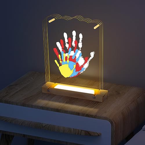 Image of Bixinyo Family Handprint Kit with Light, Baby Hand and Footprint Kit, Family Gifts for New Parents, Christmas, Adoption, Baby Shower New Mom Gifts, Wooden Craft Keepsake (Nature)