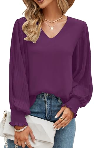 Odosalii Women's Blouses & Shirts V-Neck Tops Chic Long Sleeve Purple Chiffon Tops Dressy Solid Color Lantern Sleeve Jumper Dailywear UK Size 10 12
