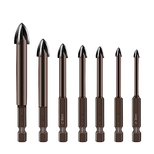 7 PCS Verre Béton Foret Ensemble Croix Hex Carrelage Céramique Forets Carbure Cémenté Ensemble Outil De Forage Universel Trou Ouvreur for Mur(7PCS Black)