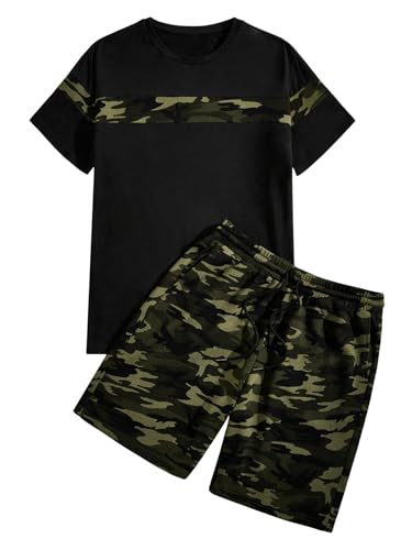 GORGLITTER Men's 2 Piece Outfits Camo Short Sleeve T Shirt and Gym Shorts Set