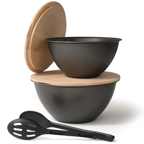 Hausfelder Salatschüssel mit Deckel aus Holz + Salatbesteck aus Kunststoff, Schüsselset 4 L + 6 L in Anthrazit Schwarz, große Servierschüsseln mit Besteck, BPA-frei