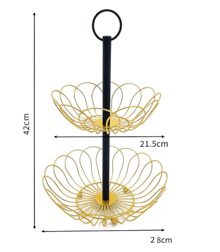 Image of 2 Tier Fruit Basket for Dining Table | Metal Wire Storage Basket Stand for Fruits, Vegetables, Snacks & Bread | Multipurpose Kitchen Countertop Organizer with Handle | Gold & Black