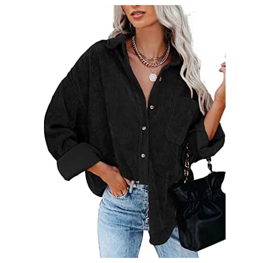 BTFBM Women Corduroy Shacket Jacket 2023 Long Sleeve Button Down Casual Plaid Flannel Shirts Boyfriend Fall Blouses Tops(Solid Black, Small)