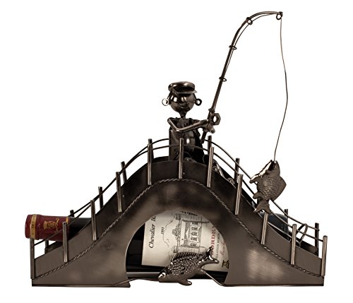 Soporte de Botella de Vino Moderno Soporte de Botella Pescador en Puente de Metal en Plata Alto 31,5 cm, Ancho 33 cm