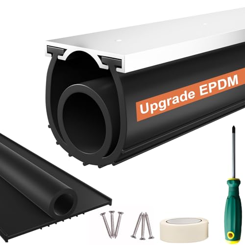 Garage Door Seals Bottom Rubber 16.5FT EPDM Weatherproof Seal with Pre-Drilled Aluminum Track Retainer Kit Fits 8-20FT Doors Rodent Proof Noise Reducing (1.57 Width Black)