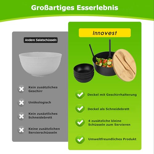 Foto von INNOVEST Salatschüssel mit Deckel Bambus mit Schneidebrett, Besteck, Salatbesteck-Inklusive 4 Servierschalen, Obstschüssel-Salad Bowl-Schüsselset-Snackschale- 3,5 l, Schwarz, 24,9 cm