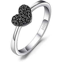 JewelryPalace Love Heart Genuine Black Spinel Rings for Her, 14K White Gold 925 Sterling Silver Promise Ring for Women, Natural Gemstone jewelry Sets Rings