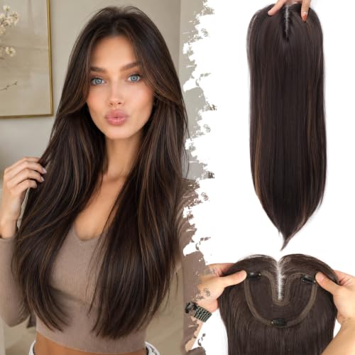 Eawwii Dark Brown with Caramel Highlights Synthetic Hair Toppers for