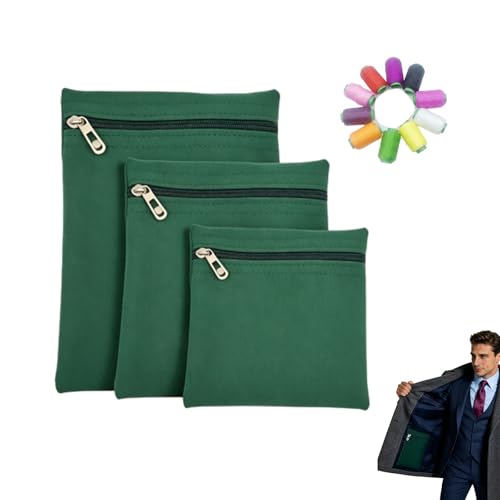3-Pack Sew in Side Pocket with Zipper, Invisible Canvas Hidden Wallet for Travel Jacket