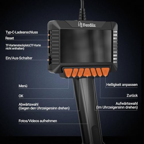 Ferdiiz 4,3 IPS Endoskopkamera mit Licht 1080P HD - IP67 Wasserdichte Inspektionskamera & Rohrkamera mit 8 LEDs, 5m Halbstarre Sonde für Auto, Rohre, Haushalt, Kein WLAN/App Nötig