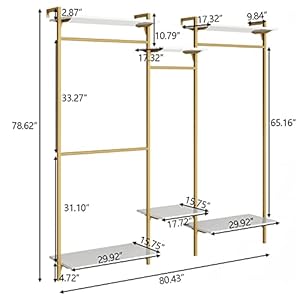 Gold Wall Mount Clothes Rack with 4 Hanging Rods, Clothing Rack with 6-Tier Adjustable Shelves, Closet Storage Organizer System Kit, Heavy Duty Garment Rack with Metal (80.43" L*78.62" H) (Gold) Gold Wall Mount Clothes Rack with 4 Hanging Rods Clothing Rack with 6 Tier Adjustable Shelves Closet Storage Organizer System Kit Heavy Duty Garment Rack with Metal 8043 L7862 H Gold
