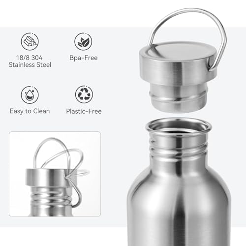 Volhoply 20oz Uninsulated Single Walled Water Bottle 2 Pack, Stainless Steel Reusable Water Bottles with Handle, BPA Free & Plastic Free 18/8 304 Metal Water Bottles for Camping, Hikers, Cyclists by Volhoply - Used condition - Image 3