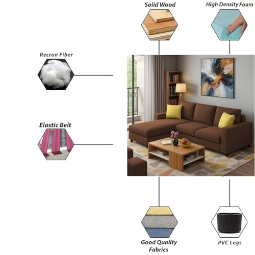 Image of Casaliving Rolando 4 Seater L Shape Sofa Set with 2 Puffy for Living Room (Brown) Left Side Sofa Set for Living Room | Hall| Office Room
