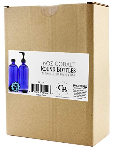 16-Ounce Cobalt Blue Glass Bottles w/ Lotion Pump Dispensers (2-Pack); Refillable Liquid Soap, Hand Care, Pump Bottles + Chalk Labels & Lids, BPA-Free Plastic Tops
