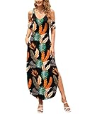 HUSKARY Hawaiian Dresses for Women 2025 Summer Beach Tropical Cold Shoulder Short Sleeve Casual Loose Long Split Dress with Pockets
