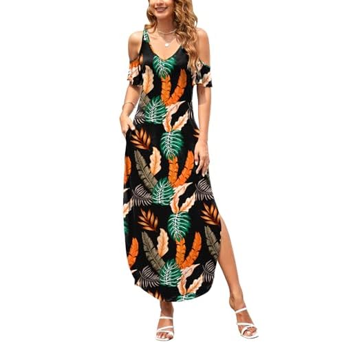 HUSKARY Women's Summer Maxi Dresses 2026 Trendy V Neck Cold Shoulder Short Sleeve Casual Loose Long Split Dress with Pockets Small Black