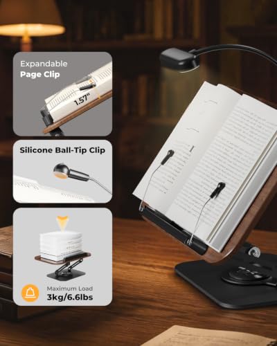 Image of Book Stand with Reading Light, 360 Rotating Book Holder for Desk, Foldable Cookbook Stand with Page Clips, Height & Angle Adjustable Reading Stand for Textbooks, Tablets