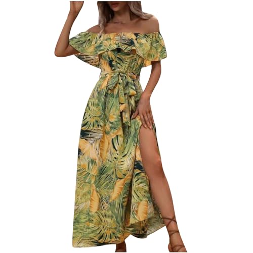 Bohemian Beach Dress for Women UK Elegant Off Shoulder Summer Boho Maxi Dresses Ruffle Vintage Floral Bandeau Sundress Holiday Flowy Loose Swing Long Dresses for Evening Night Out Yellow