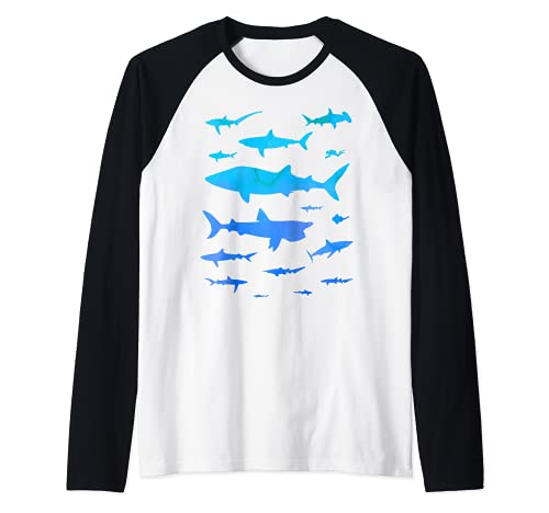 Watercolor Effect 15 Kinds of Sharks - Marine Biology Shark Raglan Baseball Tee, Black